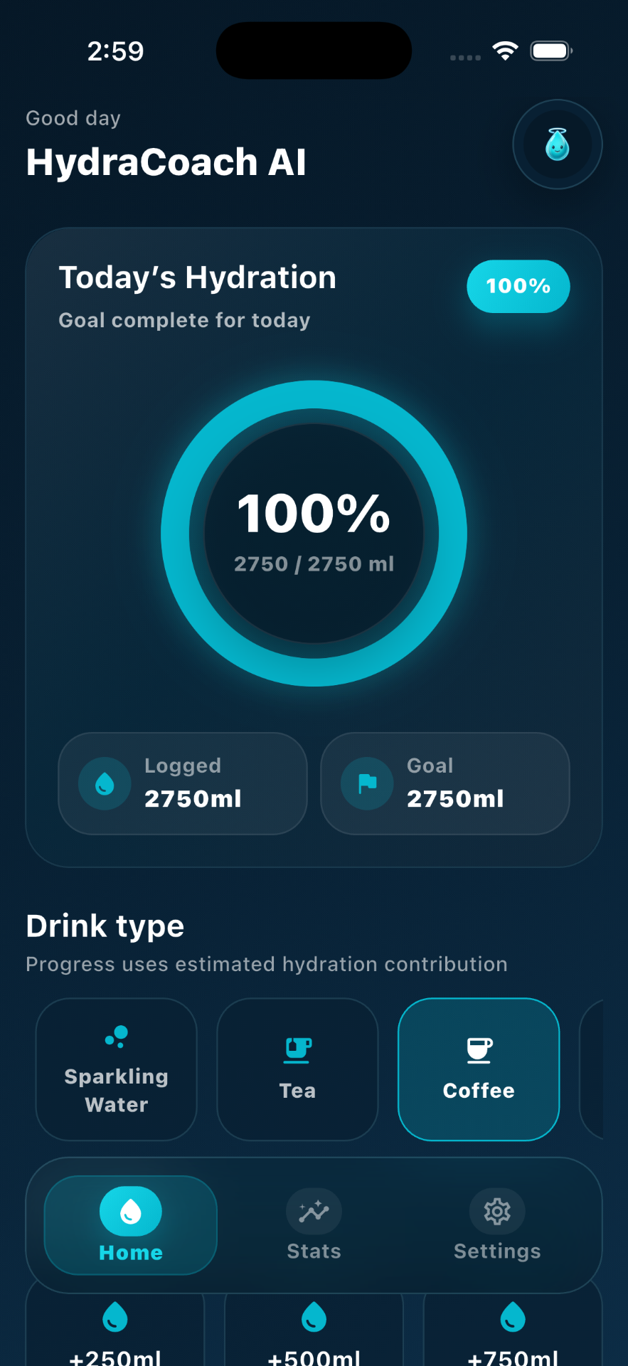 HydraCoach AI app on iPhone showing daily hydration progress